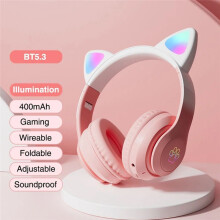 Lindo Gato Gradiente Auriculares Inalámbricos LED Luz Auriculares con Micrófono Niños Estéreo Teléfono Música Juego Auriculares Rosa