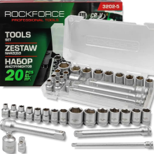 ROCKFORCE VÆRKTØJSSÆT 3/8" toppe 20 dele med adaptere og FORLÆNGERE