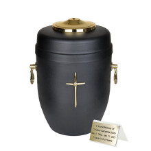 Elegant Sort Metal Urne med Guld Accenter Sort Metal Kremationsurne med Guld Accenter og Rose - Moderne Elegance