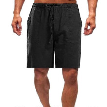(L, Black) Men Summer Linen Look Shorts Drawstring Loose Beach Pants Plus Size