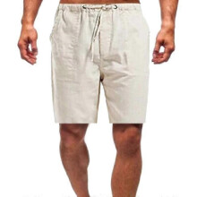 (XL, Khaki) Men Summer Linen Look Shorts Drawstring Loose Beach Pants Plus Size