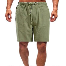 (2XL, Army Green) Men Summer Linen Look Shorts Drawstring Loose Beach Pants Plus Size