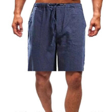 (2XL, Royal Blue) Men Summer Linen Look Shorts Drawstring Loose Beach Pants Plus Size