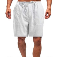 (2XL, White) Men Summer Linen Look Shorts Drawstring Loose Beach Pants Plus Size