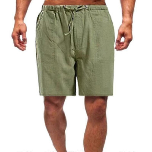 (S, Army Green) Men Summer Linen Look Shorts Drawstring Loose Beach Pants Plus Size