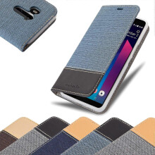 (LIGHT GRAY-BROWN) HTC U11 PLUS Hlle Cover Case Etui - im Jeanslook mit Stand Funktion und Kartenfach
