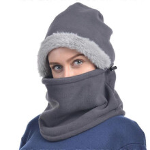 (GREY) Women Men One Piece Slouchy Beanie Hats Scarf Mask Drawstring Warm Hooded Winter Pullover Hat