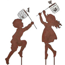 1 Pair Boy Girl Catching Butterfly Metal Decorative Garden Stakes Outdoor Garden Decor Boy Girl Silhouette Yard Stakes Spring Decor