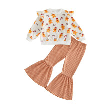 (3-4 Years, Brown) Little Girls Christmas Outfits Long Sleeve O Neck Gingerbread Print Sweatshirt Flared Pants Sets