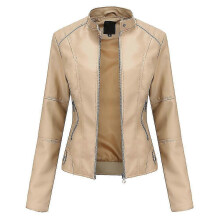 (S, Apricot) Women's Solid Color Slim Faux Leather Jacket Zipper Motorcycle Faux Leather Jacket
