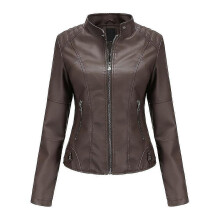 (2XL, Coffee) Women's Solid Color Slim Faux Leather Jacket Zipper Motorcycle Faux Leather Jacket