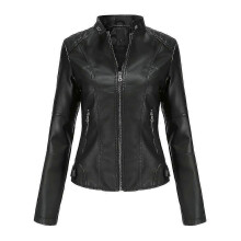 (S, Black) Women's Solid Color Slim Faux Leather Jacket Zipper Motorcycle Faux Leather Jacket