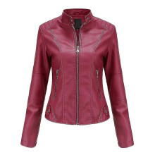 (XL, Red) Women's Solid Color Slim Faux Leather Jacket Zipper Motorcycle Faux Leather Jacket