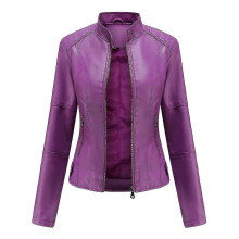 (M, Purple) Women's Solid Color Slim Faux Leather Jacket Zipper Motorcycle Faux Leather Jacket