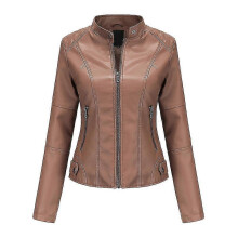 (L, Camel) Women's Solid Color Slim Faux Leather Jacket Zipper Motorcycle Faux Leather Jacket