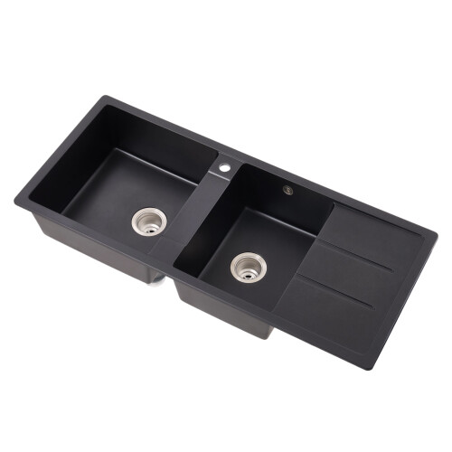 Living And Home Double Bowl Quartz Resin Composite Kitchen Sink with Waste Kit, Black 1