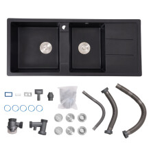 Double Bowl Quartz Resin Composite Kitchen Sink with Waste Kit, Black