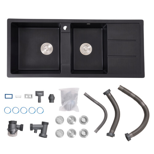 Living And Home Double Bowl Quartz Resin Composite Kitchen Sink with Waste Kit, Black