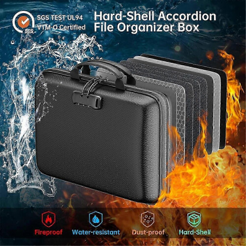 fireproof file organizer with lock, hard-shell case for documents, 13 accordion files 2