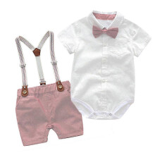 (3-6M, Pink) Infant Baby Boys Gentleman Outfits Suits Bowtie Suspenders Shorts Formal Outfit