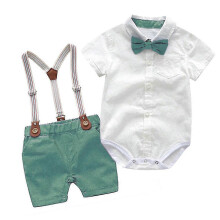 (12-18M, Green) Infant Baby Boys Gentleman Outfits Suits Bowtie Suspenders Shorts Formal Outfit