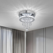 25cm Round Single Layer Crystal LED Flush Mount Ceiling Light 18W Cool White Stainless Steel Mini Chandelier with Teardrop Crystal Pendants