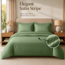 (Olive Green, Double) Stripe Duvet Cover Set Bed Quilt & Pillowcase Pair