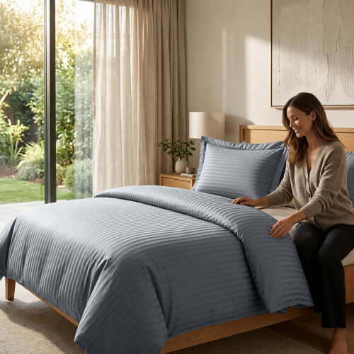 Imperial Rooms (Grey, Double) Stripe Duvet Cover Set Bed Quilt & Pillowcase Pair 1