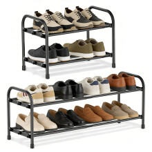 Expandable Shoe Rack, 2 Tier Adjustable Shoe Organizer Shelf for Closet, Black Metal Free Standing Shoe Rack Storage for Small Space, Entryway