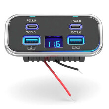 Quad-Port 12V USB Outlet RV Panel Dual PD3.0 20W & QC3.018W Car USB Port Charger with Voltmeter for Bus Truck Marine