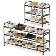 Extendable 3 Tier Metal Shoe Rack, Adjustable Black Shoe Storage Organiser, Free Standing Shelf for Wardrobe, Closet, Bedroom, Hallway, Entryway