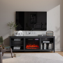 70.08" Woodgrain Black E1 MDF Electric Fireplace TV Stand with 12 Flame Colors Touch & Remote Control Storage Media Console