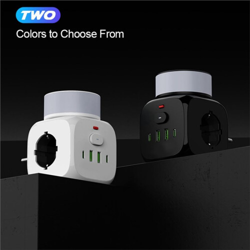 EU Plug Power Strip Wall Socket with 3 AC Outlets 2 USB  2 Type-C Fast Chargers Separate  LED Night Light B 1