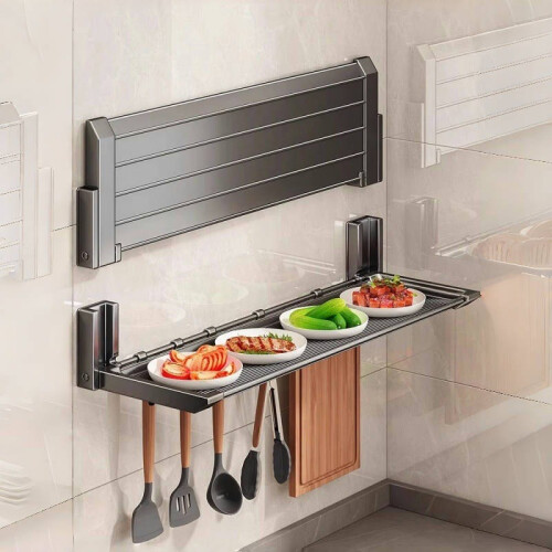 (Gray 48cm)Wall Mount Kitchen Organizer With Foldable Shelves And Hooks For Home Storage 1