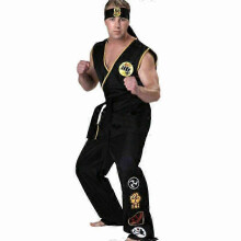(Kids 130) Karate Kid Cobra Kai Costume Black Martial Arts Uniform with Belt & Headband Karate Cosplay Outfit for Men