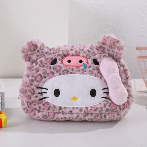 (Pink) Pencil Plush Hellokitty Case With Leopard Pattern And High School Capacity For