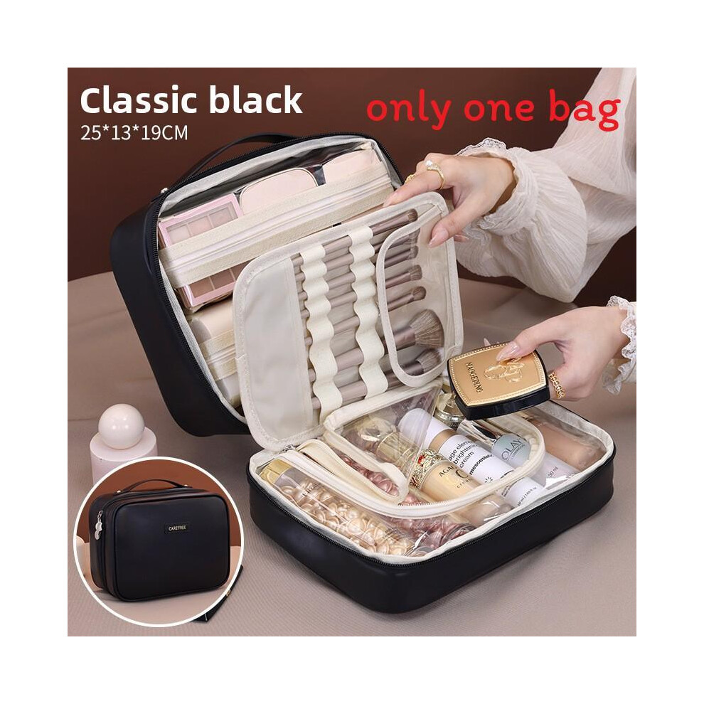 (Classic Black) Makeup Organizer Pu With Multiple Compartments Waterproof Storage Daily For Use