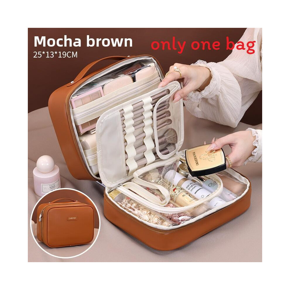(Mocha Brown) Organizer Pu Makeup With Multiple Compartments Waterproof Storage For Use Daily
