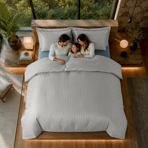 (Silver, King) Moonlight Bedding Duvet Cover Set On Sale | Stripe Duvet Set 3pc Ready Made Quilt Cover with Pillowcases