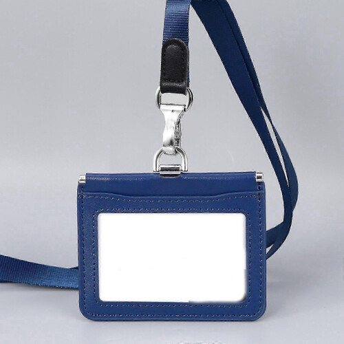 (Blue Horizontal) Leather ID Card Holder with Detachable Neck Strap for Office Use