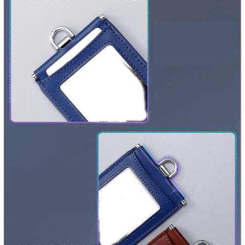 (Black Horizontal) Leather ID Card Holder with Detachable Neck Strap for Office Use 1