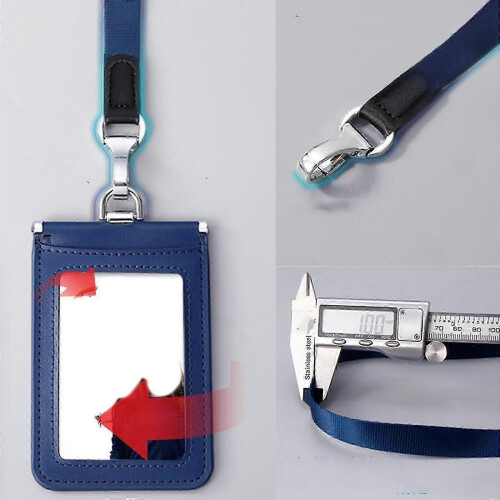 (Black Horizontal) Leather ID Card Holder with Detachable Neck Strap for Office Use 2