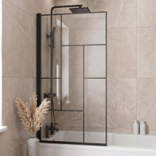 Purefino 800 x 1400mm Bath Shower Screen Door Hinged Framed Black Abstract Grid Square 6mm Glass Panel