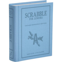 WS Game Company Scrabble for Juniors Vintage Bookshelf Edition: Linen Fabric-Wrapped Book Case - Board Game for (2-4 Players, Ages 5+)