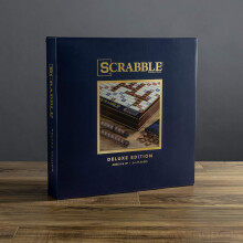 WS Game Company Scrabble Deluxe Edition BoardGame Featuring a Rotating Wooden Game Cabinet with Built-in Storage &Raised Letter Tile Grid - (Ages 8+)