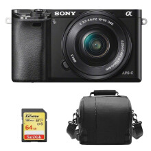 SONY A6000 Black KIT SEL 16-50MM musta + 64GB SD-kortti + laukku