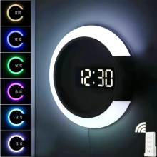 Horloge murale LED, horloge numérique créative avec télécommande, miroir ajouré, alarme de température, veilleuse 7 coul