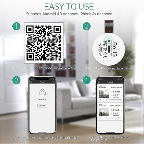Wireless Thermometer Hygrometer, Mini Bluetooth 5.0 Humidity and Temperature Sensor with Data Export and Alerts 2