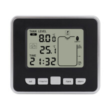 Draadloze ultrasone waterniveaumeter met temperatuursensor en tijdweergave.