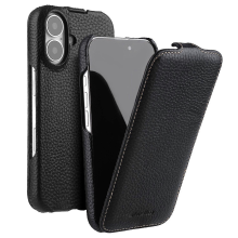 Magneettinen pystysuora läppäkotelo iPhone 16:lle, aitoa naudannahkaa ja PC-iskunvaimenninta, musta
